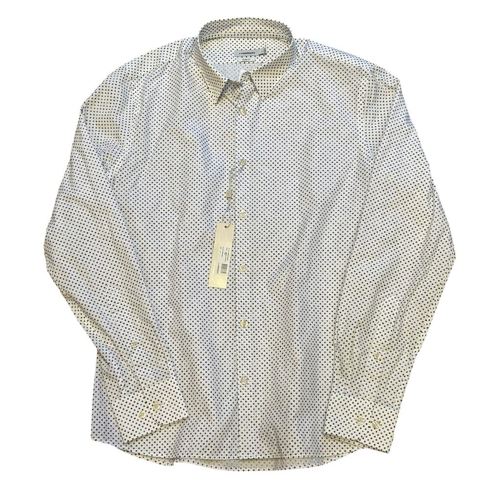 J.Lindeberg Slim Fit Long Sleeve Men's Medium White Blue Micro Polka Dot Cotton